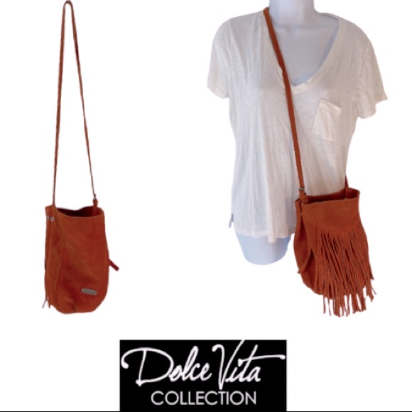 Dolce Vita Handbags - DOLCE VITA COLLECTION SUEDE LEATHER FRINGE BUCKET BAG CROSSBODY RED BURNT ORANGE